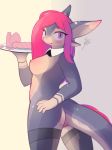  2018 anthro breasts clothing collar condom dildo dragon electrycpynk electrycpynk_(character) female hair invalid_color looking_at_viewer maid_uniform nipples pink_hair purple_eyes pussy sex_toy toy tray uniform waiter 