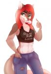  2017 5_fingers anthro breasts brown_nose canine clothed clothing digital_media_(artwork) eyebrows female green_eyes hair kristiana_puff mammal midriff navel red_hair simple_background smile solo white_background wolf 