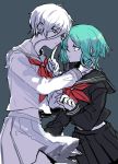  alternate_costume antarcticite blue_eyes contemporary finger_to_mouth green_eyes green_hair grey_eyes hair_between_eyes houseki_no_kuni looking_at_another multiple_others phosphophyllite retto sailor_collar school_uniform short_hair skirt white_hair 