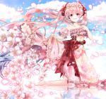 :d cherry_blossoms cloud commentary_request dress from_side hatsune_miku head_wreath highres iroha_(shiki) kneeling long_hair open_mouth outdoors petals pink_eyes pink_hair sakura_miku sky smile solo twintails very_long_hair vocaloid 