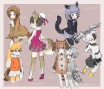  animal_ears binturong_(kemono_friends) binturong_ears binturong_tail bird_tail blonde_hair brown_hair bun_cover commentary_request eurasian_eagle_owl_(kemono_friends) extra_ears ezo_red_fox_(kemono_friends) feathered_wings fox_ears fox_tail grey_hair hair_bun harpy_eagle_(kemono_friends) head_wings highres kemono_friends long_hair mongolian_wolf_(kemono_friends) multicolored_hair multiple_girls northern_white-faced_owl_(kemono_friends) outline short_hair simple_background sloth_(kemono_friends) tail tatsuno_newo translated very_long_hair white_hair white_outline wings wolf_ears wolf_tail 