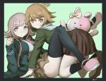  1girl black_legwear brown_eyes brown_hair crossdressing danganronpa danganronpa_1 fujisaki_chihiro green_eyes hair_ornament hood kneehighs monomi_(danganronpa) nanami_chiaki otoko_no_ko pink_eyes pink_hair qosic school_uniform short_hair skirt super_danganronpa_2 thighhighs 