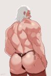  ass back bara beard facial_hair from_behind grey_background lingerie looking_at_viewer looking_back male_focus muscle old_man overwatch reinhardt_(overwatch) rybiokaoru signature simple_background solo string_panties thighhighs thighs underwear white_hair 