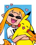  akairiot bangs blunt_bangs cheek-to-cheek closed_eyes domino_mask fangs highres holding holding_pokemon hug inkling long_hair mask orange_hair pikachu pointy_ears pokemon pokemon_(creature) pokemon_(game) smile splatoon_(series) splatoon_1 super_smash_bros. super_smash_bros._ultimate tentacle_hair 