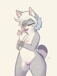  2018 anthro breasts cat dipstick_tail electrycpynk eyes_closed feline female flower fur hair inner_ear_fluff mammal multicolored_fur multicolored_tail nipples nude plant pussy solo standing two_tone_fur two_tone_tail white_hair 