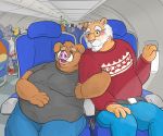  aircraft airplane anthro beard belly big_belly blush boar bovine clothing duo_focus eyewear facial_hair feline gator_(artist) glasses group hand_on_stomach hi_res male mammal mature_male moobs old overweight overweight_male porcine shirt sleeping slightly_chubby the_bogosphere tiger 