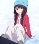  ;) blend_s braid hair_braid high_resolution maroon_hair one_eye_closed sakuranomiya_maika screencap snowboard tied_hair twin_braids violet_eyes wink 