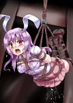  1girl animal_ears bdsm blush bondage bound bound_arms bound_legs breasts bunny_ears crying crying_with_eyes_open hanging harness kneehighs lilish long_hair open_mouth purple_hair pussy_juice red_eyes reisen_udongein_inaba rope saliva shoes skirt solo suspended sweat tears touhou 
