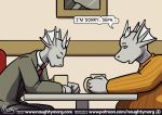  anthro brothers clothed clothing comic dialogue dragon english_text fin head_fin horn inflation male naughtymorg necktie overweight overweight_male restaurant sad sibling sitting suit table text 