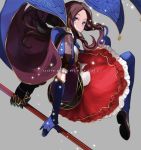  blue_eyes blue_gloves blue_legwear brown_hair en_(enxxx) fate/grand_order fate_(series) gauntlets gloves grin leonardo_da_vinci_(fate/grand_order) long_hair looking_at_viewer looking_back puffy_short_sleeves puffy_sleeves red_skirt short_sleeves single_gauntlet skirt smile solo star 