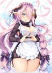  apron black_panties black_ribbon black_sweater blue_eyes blush bow braid breasts bug butterfly cleavage cleavage_cutout commentary_request cropped_legs draph eyebrows_visible_through_hair frilled_apron frills granblue_fantasy hair_bow hair_ornament hair_over_one_eye heart heart-shaped_pupils heart_hair_ornament heart_hands horns insect legs_together long_hair looking_at_viewer maid_apron medium_breasts narmaya_(granblue_fantasy) open_mouth panties pointy_ears purple_bow purple_hair ribbon shiero. shiny shiny_skin solo standing sweater symbol-shaped_pupils turtleneck turtleneck_sweater twintails underwear very_long_hair white_apron 