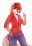  2017 5_fingers anthro breasts brown_nose canine clothed clothing digital_media_(artwork) eyebrows female green_eyes hair kristiana_puff mammal red_hair simple_background smile solo white_background wolf 