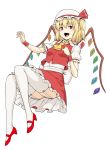  ascot blonde_hair bow breasts collared_shirt commentary_request eyebrows_visible_through_hair flandre_scarlet full_body garter_straps gem hand_on_own_chest hat hat_bow high_heels highres kakone layered_skirt looking_at_viewer mary_janes mob_cap one_side_up open_mouth plantar_flexion puffy_short_sleeves puffy_sleeves red_bow red_eyes red_footwear red_skirt red_vest sash shirt shoes short_hair short_sleeves simple_background skirt slit_pupils small_breasts solo teeth thighhighs thighs tongue touhou vest white_background white_legwear white_shirt wing_collar wings wrist_cuffs yellow_neckwear 