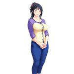  black_hair blush brown_eyes bubuzuke denim hands_together high_ponytail highres jeans looking_at_viewer mama_no_oppai mikimoto_ayame non-web_source official_art pants parted_lips sleeves_past_elbows solo transparent_background v_arms 