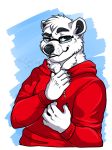  2018 5_fingers abstract_background anthro bear chest_tuft claws clothed clothing colored digital_drawing_(artwork) digital_media_(artwork) eyewear fur glasses hair lezified looking_at_viewer male mammal polar_bear short_hair simple_background smile solo sweater tuft white_fur 