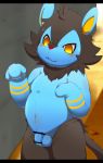  2017 anthro balls black_fur blue_fur blush censor_bar censored clothed clothing flaccid fur hi_res humanoid_penis luxio male navel nintendo okunawa paws penis pok&eacute;mon pok&eacute;mon_(species) red_nose semi-anthro slightly_chubby solo standing topless video_games yellow_eyes 