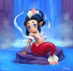  2016 5_fingers black_hair blue_eyes blush breasts female fin hair hi_res humanoid marine mataknight merfolk mermaidyn monster_girl_(genre) noseless outta_sync pointy_ears rock seashell_bra signature sitting smile solo video_games water waterfall yo-kai_watch 