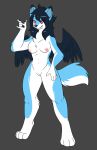  2018 4_toes 5_fingers anthro barefoot biped black_feathers black_hair black_nose blue_fur blue_tail breasts canine claws countershade_tail countershading devil_horns digital_media_(artwork) digitigrade eyebrows eyebrows_visible_through_hair feathered_wings feathers female front_view full-length_portrait fur gesture grey_background hair jizzy-dog long_hair mammal multicolored_fur multicolored_tail nipples nude pink_nipples portrait purple_sclera pussy raised_eyebrow simple_background smile smirk solo standing toes two_tone_fur two_tone_tail vernali_caelum white_claws white_fur white_tail wings wolf yellow_eyes 