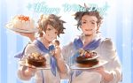  ascot blue_background blueberry brown_eyes brown_hair cake chef_uniform chocolate_cake facial_hair food fruit goatee gran_(granblue_fantasy) granblue_fantasy grin looking_at_viewer male_focus minaba_hideo multiple_boys official_art open_mouth plate rackam_(granblue_fantasy) simple_background smile sparkle strawberry striped striped_background upper_body vertical_stripes wafer white_day 