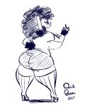  2017 anthro big_breasts big_butt black_hair breasts butt canine clothed clothing digital_media_(artwork) dog eyeshadow female footwear fully_clothed hair high_heels huge_breasts legwear line_art looking_at_viewer looking_back makeup mammal monochrome poodle raised_arm rear_view shoes side_boob simple_background slightly_chubby smutbooru solo standing thick_thighs thigh_highs voluptuous white_background 