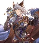  ;o animal_ears armor belt blue_cape blue_hair cape erune gauntlets gift granblue_fantasy looking_at_viewer male_focus minaba_hideo official_art one_eye_closed seruel solo sword transparent_background upper_body weapon white_day yellow_eyes 