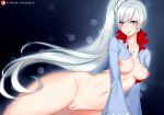  artist_name bangs blue_eyes blush breasts earrings eyebrows_visible_through_hair hips jewelry long_hair long_sleeves looking_back lying medium_breasts navel necklace nipples on_side ponytail pussy rwby scar scar_across_eye shrug_(clothing) side_ponytail silver_hair tofuubear uncensored very_long_hair weiss_schnee white_hair wide_sleeves 