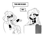  boots breasts cephalopod cleavage clothed clothing comic crown cubewatermelon cute_fangs domino_mask eyebrows fangs female fingerless_gloves footwear gloves humanoid inkling marina_(splatoon) marine mask mole_(marking) monochrome nintendo open_mouth pearl_(splatoon) simple_background sitting splatoon splatoon_2 symbol-shaped_pupils tentacle_hair tentacles text video_games white_background zipper 