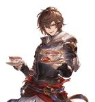  armor brown_hair coffee cup granblue_fantasy incoming_gift looking_at_viewer male_focus minaba_hideo official_art open_mouth red_eyes sandalphon_(granblue_fantasy) saucer smile solo steam teacup transparent_background upper_body white_day 