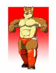  anthro boots bulge canine clothed clothing dog footwear fur gradient_background kemono kenta_shiba_(character) male mammal navel nipples red_background shiba-kenta shiba_inu simple_background solo topless white_background wrestling wrestling_briefs 