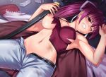  1girl armpits bare_shoulders breasts bruises closed_eye defeated denim distress jeans katana large_breasts long_hair looking_at_viewer lying midriff misao_(kami_no_misoshiru) navel on_back ponytail purple_hair solo sword teeth torn_clothes unbuttoned_pants under_night_in-birth weapon yuzuriha_(under_night_in-birth) 