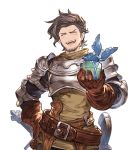  breastplate brown_gloves brown_hair gloves granblue_fantasy green_shirt hand_on_hip incoming_gift male_focus minaba_hideo official_art open_mouth rackam_(granblue_fantasy) shirt smile solo transparent_background upper_body white_day 