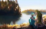  2018 5_fingers anthro blue_fur canine day detailed_background digital_media_(artwork) dog duo eyes_closed fur green_fur lake lukiri mammal outside sergal sky smile white_fur 