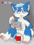  4_fingers anthro bettaright blue_eyes blue_fur blush camera_view canine censored cub cute_fangs dog fur kemono male mammal open_mouth penis penis_base sitting solo white_fur young 