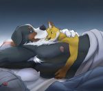  2016 anthro armpit_hair bed bed_sheet bedding belly black_fur brown_fur canine chest_tuft claws cuddling digital_media_(artwork) dog duo fox fur gator_(artist) half-closed_eyes happy hi_res hug invalid_tag larger_male lying male male/male mammal mike muscular nipples orange_fur pillow romantic romantic_couple saint_bernard size_difference smaller_male smile tuft white_fur 