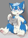  4_fingers anthro balls bettaright blue_eyes blue_fur blush canine censor_bar censored cub cute_fangs dog foreskin fur humanoid_penis kemono male mammal open_mouth penis penis_base sitting solo uncut white_fur young 