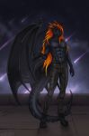  2017 abs anthro black_scales dragon dragon_wings eliana-asato fin hair horn large_wings leather_pants long_hair looking_at_viewer male night orange_eyes orange_hair outside roof scales sky solo star wings 