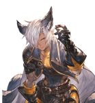  arm_up bent_over black_gloves black_jacket dark_skin dark_skinned_male erune eustace_(granblue_fantasy) gloves granblue_fantasy hair_over_one_eye jacket looking_at_viewer male_focus minaba_hideo official_art silver_eyes silver_hair solo transparent_background upper_body white_day 