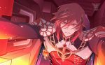  anime_coloring black_sleeves clenched_teeth cockpit code_geass fake_screenshot granblue_fantasy hair_down logo male_focus ncn828 neon_trim parody percival_(granblue_fantasy) pilot_suit red_eyes red_hair solo sweat teeth upper_body 