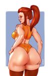  arteria_(artist) ass bare_shoulders breasts brigitte_(overwatch) brown_eyes brown_hair brown_legwear curvy freckles from_behind huge_ass long_hair looking_at_viewer looking_back overwatch ponytail skindentation solo tattoo thick_thighs thighhighs thighs 