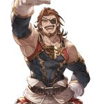  ^_^ beard brown_hair closed_eyes eugen_(granblue_fantasy) eyepatch facial_hair gloves granblue_fantasy hand_on_hip male_focus minaba_hideo official_art open_mouth petting pov shirt sleeveless sleeveless_shirt solo transparent_background upper_body white_day white_gloves 