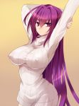  breasts covered_nipples dress fate/grand_order fate_(series) highres impossible_clothes impossible_sweater ji_(yugria) large_breasts long_hair long_sleeves looking_at_viewer purple_hair red_eyes ribbed_sweater scathach_(fate)_(all) scathach_(fate/grand_order) solo standing sweater sweater_dress turtleneck turtleneck_sweater 