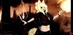  2018 absurd_res animal_humanoid beige_nose beige_skin big_breasts biped black_bottomwear black_clothing black_topwear blonde_hair blue_clothing bottomwear breasts clothed clothing detailed_background digital_media_(artwork) digital_painting_(artwork) dirtyscoundrel female fox_humanoid fully_clothed green_eyes hair hi_res humanoid jewelry light_skin lightning macro mammal midriff navel necklace scenery signature solo spread_arms standing topwear yellow_ears yellow_tail 