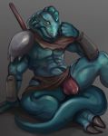  abs anthro armor barefoot biceps bulge claws clothed clothing gaganpo green_eyes guiltytits isekai_shokudou lizard loincloth looking_at_viewer male manly mostly_nude muscular pecs portrait reptile scalie scar sharp_claws sharp_teeth sitting slit_pupils solo spread_legs spreading teeth thick_thighs toe_claws triceps underwear 