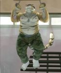  anthro clothed clothing dog_tags exercise feline gym legwear male mammal mature_male muscular navel nipples socks solo the_bogosphere tiger topless 