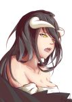  absurdres albedo black_hair black_wings breasts crying demon_girl demon_horns demon_wings dress fangs hair_between_eyes highres horns large_breasts long_hair open_mouth overlord_(maruyama) rock2007 simple_background solo tears white_background white_dress wings yellow_eyes 