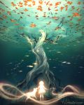  animal commentary dress fish highres leaf maple_tree original short_hair solo speedpaint tree underwater watermark web_address wenqing_yan 