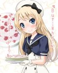  bangs beret black_bow black_neckwear blonde_hair blue_eyes blue_shirt blush bow cheesecake closed_mouth dress english eyebrows_visible_through_hair food gloves hat hat_bow highres holding holding_plate jervis_(kantai_collection) kantai_collection long_hair looking_at_viewer neko_danshaku plate puffy_short_sleeves puffy_sleeves school_uniform serafuku shirt short_sleeves smile solo star translated very_long_hair white_background white_day white_dress white_gloves white_hat 