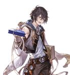  ayer bandage_on_face bandages belt black_hair granblue_fantasy grey_pants hood incoming_gift looking_away male_focus minaba_hideo official_art open_mouth pants shirt sleeveless solo sweatdrop transparent_background upper_body vest white_day white_shirt 