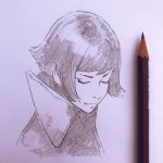  closed_eyes closed_mouth commentary fantastic_beasts_and_where_to_find_them graphite_(medium) high_collar ilya_kuvshinov pencil photo porpentina_goldstein short_hair simple_background solo traditional_media 