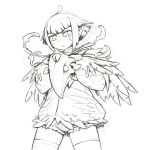  :&lt; ahoge ars_goetia carapace claws commentary_request fantasy feathers fewer_digits holding holding_mask hood hoodie kamukamu6392 large_hands mask monster_girl original short_hair shorts sketch sweatdrop zipper 